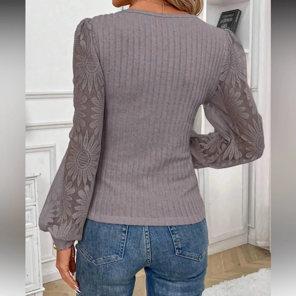 Blue Floral Sleeve Ribbed Sweater